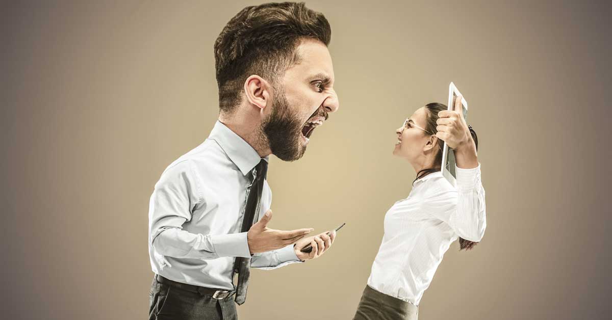 Man with oversized head yelling at a female co-worker